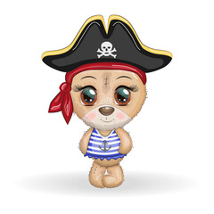 Teddy bear pirate, cartoon character of the game, wild animal in a bandana and a cocked hat with a skull, with an eye patch. Character with bright eyes