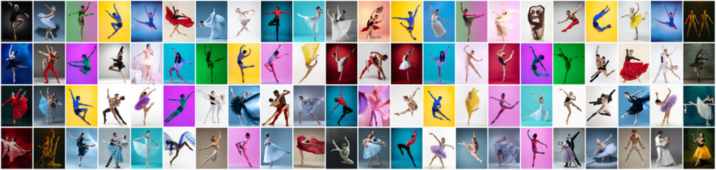 Horizontal flyer, set with portraits of female and male ballet dancers in stage costumes dancing isolated on multicolored background in neon light.