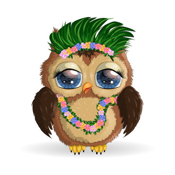 Owl cute cartoon character in holiday concept. In a hat, in a cap, in hula colors, a dancer in Hawaii