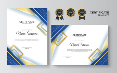 Modern elegant blue and gold diploma certificate template design. Certificate award template with luxury pattern, diploma, and premium badges design. Vector illustration