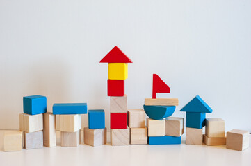 wooden toy blocks sea ocean ship light house concept 