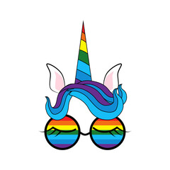 illustration of cute unicorn face wearing sunglasses