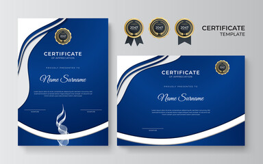 Blue and white gold certificate of achievement border template with luxury badge and modern line pattern. For award, business, and education needs