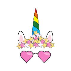illustration of cute unicorn face wearing sunglasses