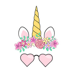 illustration of cute unicorn face wearing sunglasses