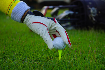 Hand ware leather glove putting golf ball on tee off in course
