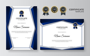 Modern elegant blue and gold diploma certificate template design. Blue and gold certificate of achievement border template with luxury badge and modern line pattern. For award, business, and education