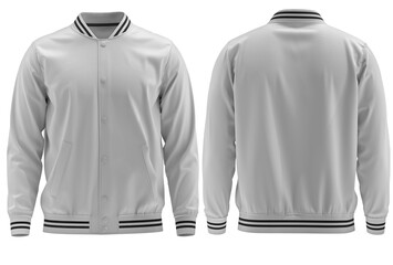 Blank (White and black piping  )varsity bomber jacket isolated on white background. parachute jacket. front and back view. ready for your mock-up design 