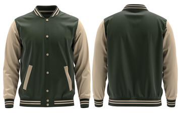 Blank ( Olive and beige) varsity bomber jacket isolated on white background. parachute jacket. front and back view. ready for your mock-up design  - obrazy, fototapety, plakaty
