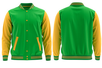 Blank ( Green and yellow)  varsity bomber jacket isolated on white background. parachute jacket....