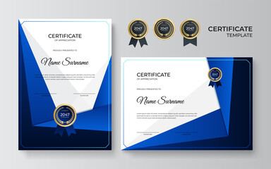 Modern elegant blue and gold diploma certificate template design. Blue and gold certificate of achievement border template with luxury badge and modern line pattern. For award, business, and education - obrazy, fototapety, plakaty