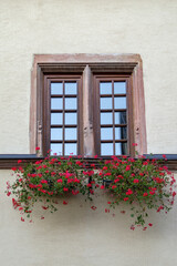 Fototapeta na wymiar Window with window box and geraniums