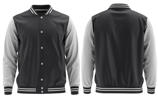 Blank ( Black and white )  varsity bomber jacket isolated on white background. parachute jacket. front and back view. ready for your mock-up design 