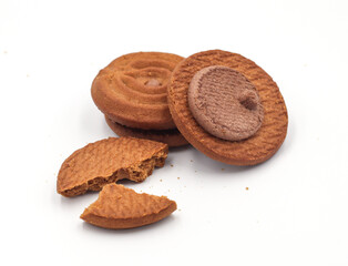 Chocolate Sandwich Cookies biscuits stuffed with chocolate isolated on white background