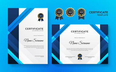 Blue and white gold certificate of achievement border template with luxury badge and modern line pattern. For award, business, design, appreciation, corporate, and education needs