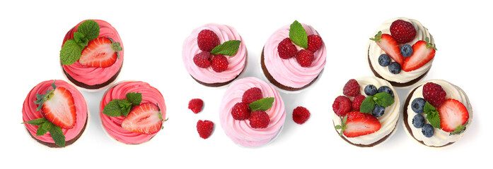 Set with delicious cupcakes on white background, top view. Banner design