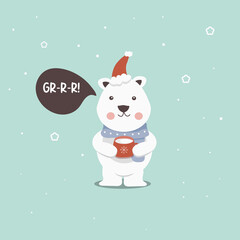 Winter White Christmas Bear with Scarf, Cap, and Cup