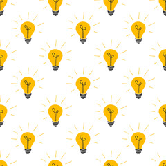 Glowing light bulbs isolated line icon vector pattern background.