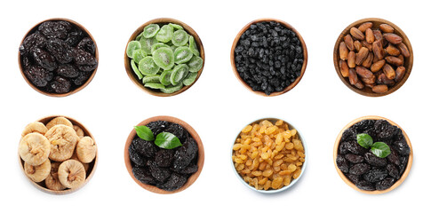 Set with different tasty dried fruits on white background, top view. Banner design