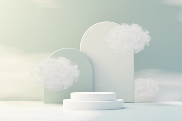 3d illustration luxury premium pedestal product display with abstract geometric shapes and fluffy cloud. Minimal blue sky and clouds scene for present product promotion and beauty cosmetics.