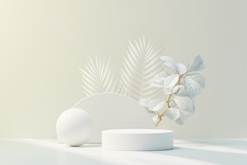 3d render of abstract pedestal podium display with Tropical leaves and Blue sky clouds pastel and plant scene. Product and promotion concept for advertising. Blue pastel natural background.