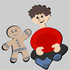 the boy sits cross-legged and smiles at the gingerbread man. Design element