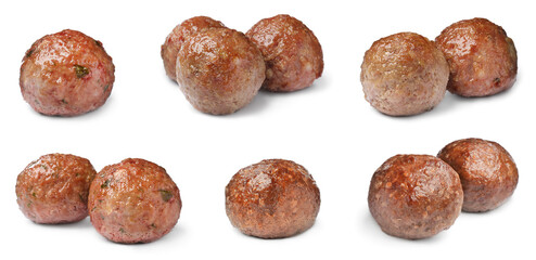 Set with tasty cooked meatballs on white background. Banner design - obrazy, fototapety, plakaty