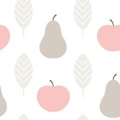 Simple fruits in pale colors: pears and apples on a white background. Minimal wallpaper and fabric design. Delicate seamless pattern. Decorative home decor and packaging print.
