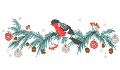 Christmas background with fir tree garland and bird vector isolated.