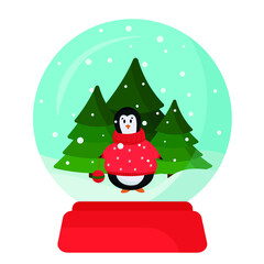 Christmas New Year glass snow globe with penguin in a red knitted sweater and Christmas tree isolated on white background. A souvenir for a gift is a snow ball in a flat style