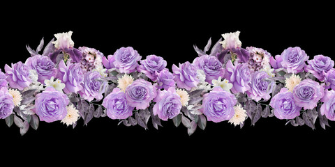 Seamless border with flowers. Purple roses isolated on black background.