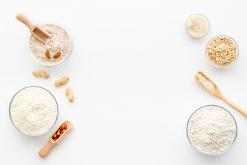 Gluten free flour for baking - nuts and grains flour in many bowls