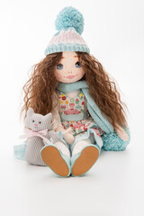 Girl with a doll, Blue Dress, A girl in a blue dress and a cat, child's play.