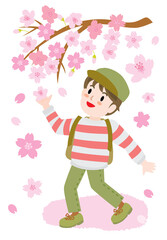 春にお花見をする男の子のイラスト