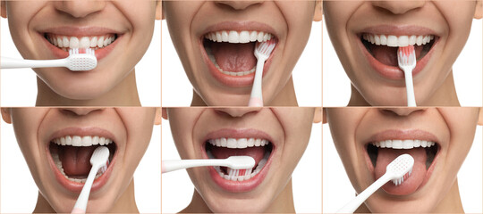 Collage with photos of woman brushing teeth on white background, closeup. Dental care, step by step...