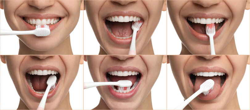 Collage with photos of woman brushing teeth on white background, closeup. Dental care, step by step instructions