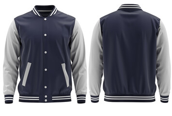 Blank ( NAVY AND WHITE) varsity bomber jacket isolated on white background. parachute jacket. front and back view. ready for your mock-up design 