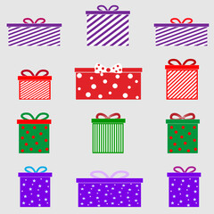 Vector set of gift boxes decorated with bows. Isolated icons. Flat design.