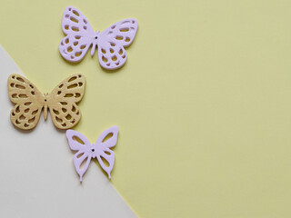 Variety of gold and pastel Butterflies Image in flatlay style. butterfly background.  Christmas decoration. holiday. Top view flatlay . background for children's party. Design of Greeting Card.