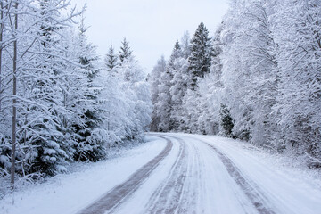 Fototapeta premium Country road in a cold winter landscape with snow and frost