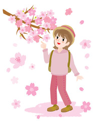春にお花見をする女性のイラスト