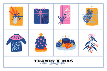 Trendy Christmas cute vector icons new year decoration illustration clipart collection