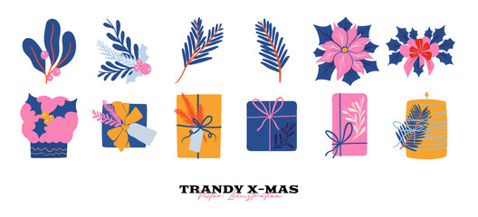 Trendy Christmas cute vector icons new year decoration illustration clipart collection