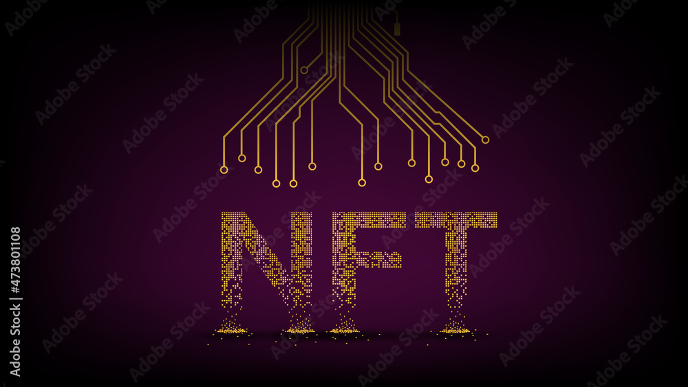 Wall mural crumbled text ntf non fungible token from falling golden cubes and pcb tracks on top. fragmented tex