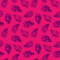 Seamless pattern of purple leaves of screen printed on a bright pink background. For poster, eco bag, invitation, sketchbook cover, print, your design.