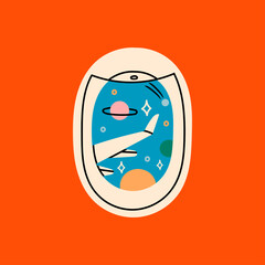 View through the porthole of aircraft. Airplane window. Space, planets, stars and wing skyscape through porthole. Hand drawn square Vector illustration. Travel, trip, flight, view, journey concept