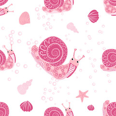 Snail pink, sea inhabitants seamless pattern, beautiful character among seashells, seaweed, starfish