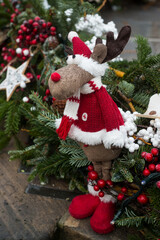 Closeup of decorative christmas reindeer standing in the street