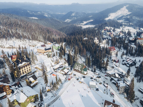 overhead top view of dragobrat in carpathian mountains