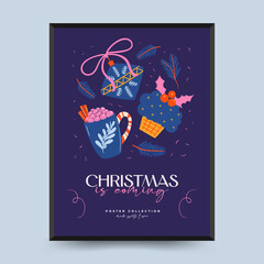 Fototapeta na wymiar Hand drawn Christmas and New Year greeting card or poster with lettering hand drawn decorative elements.